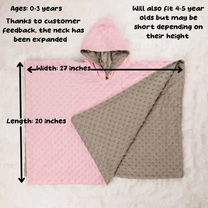 car seat poncho measurements pink: ages: 0-3 years, width 27 inches, length 20 inches