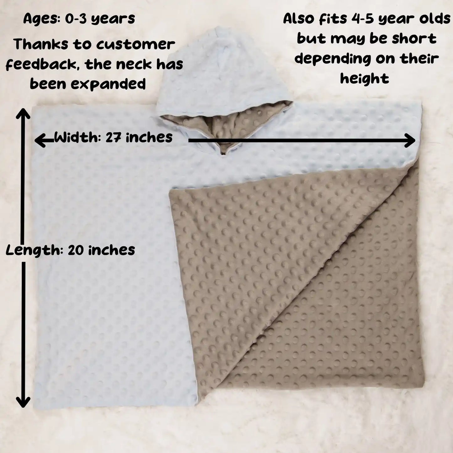 car seat poncho measurements blue: ages: 0-3 years, width 27 inches, length 20 inches