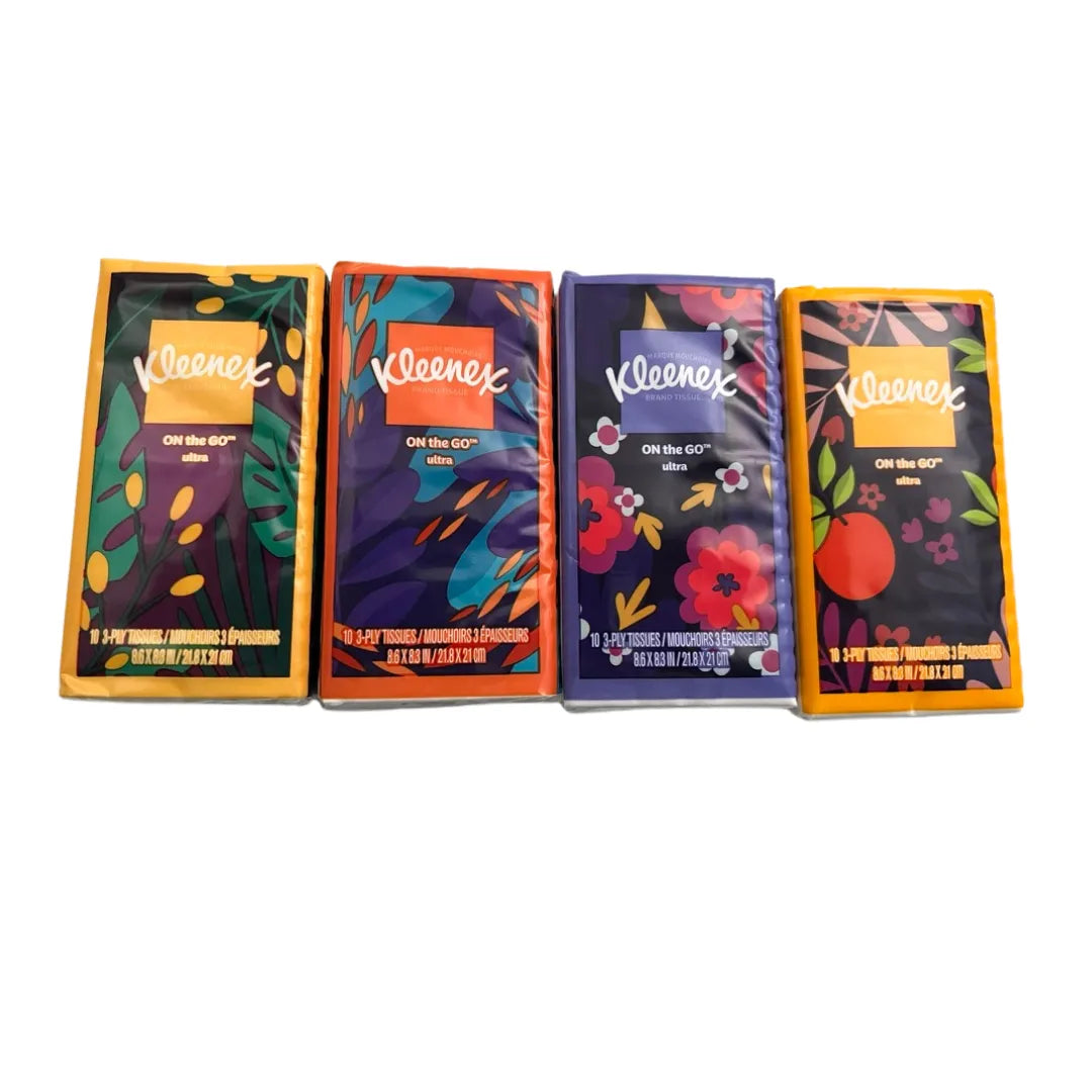 Travel size tissues pack from Kleenex. 4 different color variations.