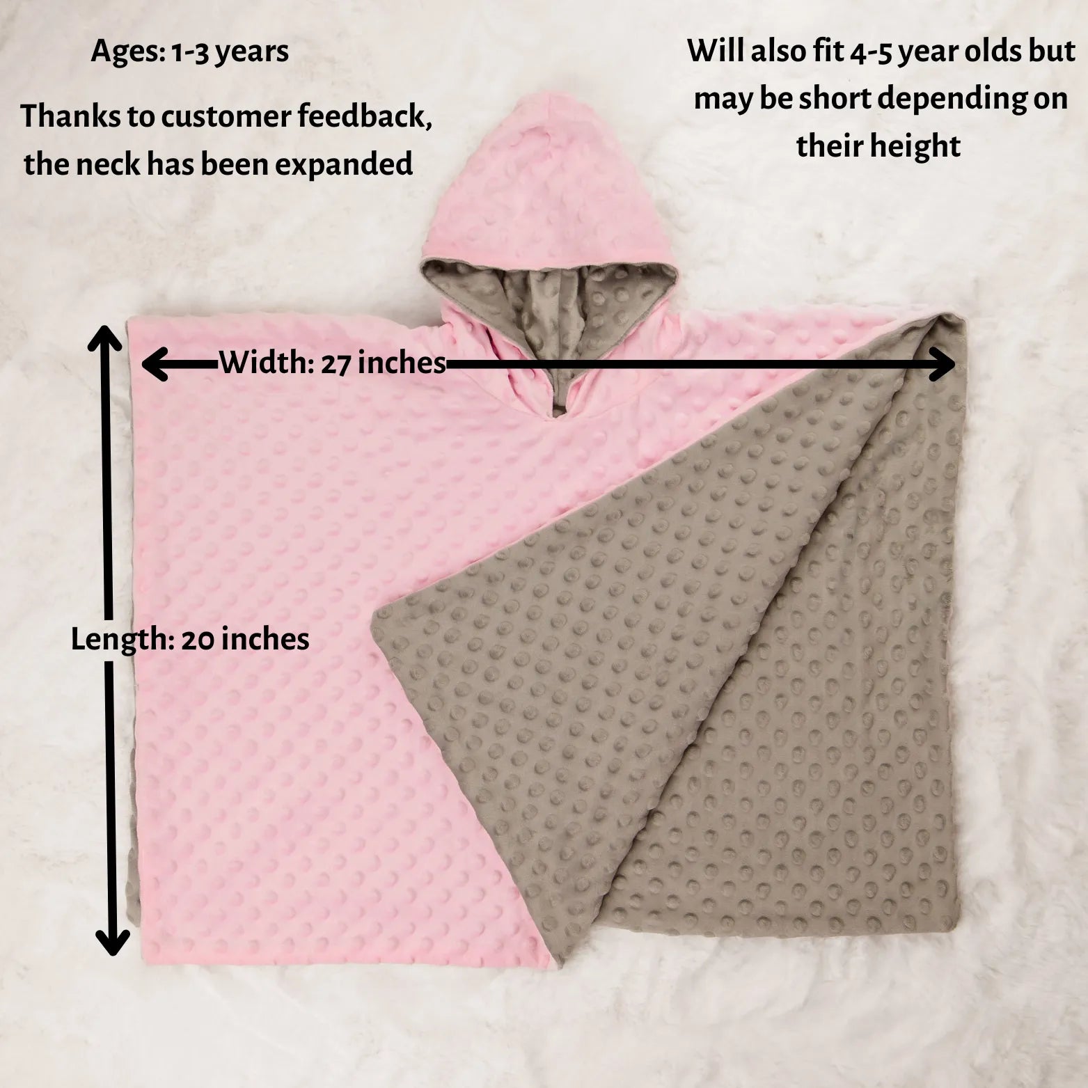 car seat poncho measurements pink: ages: 1-3 years, width 27 inches, length 20 inches